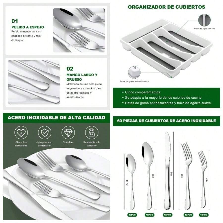 60+1Cubiertos de Acero Inoxidable Juego de Cubiertos de Acero Inoxidable para 12 Personas Porta Cubiertos De Cocina Con Cuchillos para Carne, Cucharas, Apto para Lavaplatos, para Hogar, Restaurante - Pago - Ver 1