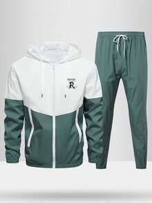 2 pezzi Set sportivo da uomo con colori a contrasto, giacca con cappuccio e coulisse, pantaloni in vita elastica, adatto per attività all'aperto come campeggio, pesca, ciclismo, primavera/autunno