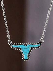 1pc Vintage Western Bull Head Pendant Necklace - Alloy Chain With Turquoise Stone, Unique Fashion Gift For Women, Perfect For Daily Wear & Vacation Accessories, Cute Western Necklaces, Cowboy Style - 古董銀器 - 查看 5