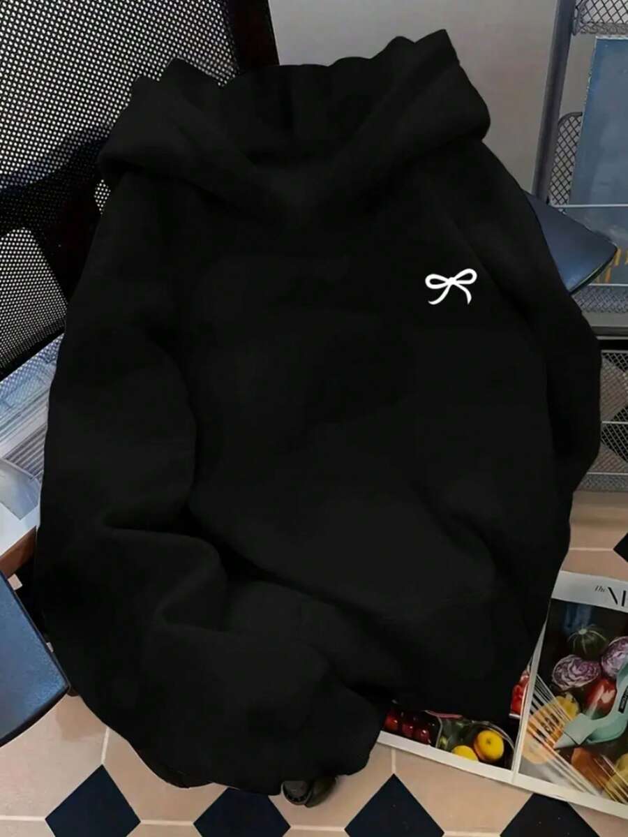 Sudadera Con Capucha Y Bolsa Canguro Con Estampado De Moño Lazo Pequeño Minimalista Tierno, Sudadera Unisex Para Hombre Y Mujer Casual Para Uso Diario Ideal Para Todo El Año. - Negro - Ver 1