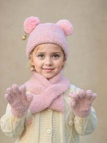 3pcs Beige Pom Pom Knitted Hat, Scarf And Gloves Set, Warm Knitwear Suit For Kids