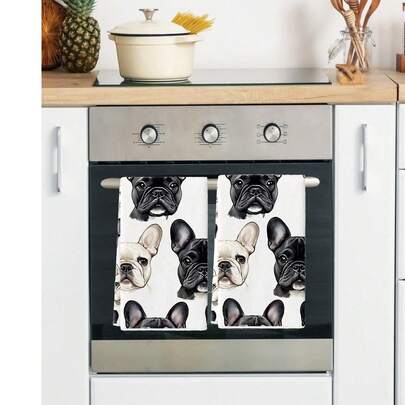2 chiếc khăn tay họa tiết chó Bulldog Pháp cổ điển, vải dệt kim polyester mềm mại thấm hút, khăn trang trí nhà bếp và phòng tắm hình chữ nhật chủ đề hoạt hình chỉ giặt tay