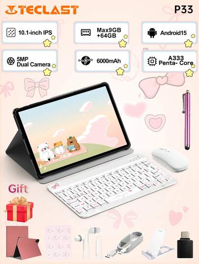 Teclast Teclast P33 New Tablet, Android 15 10.1-Inch IPS, 1280X800 Resolution, Allwinner A333 Five Core, 9GB * (3GB+6GB Virtual) 64GB Storage Space, WIFI, 6000mAh Type-C Charging, Rear 5MP And Front 2MP Dual HD Cameras, Pink Tablet Case ,With White Keyboard &Wireless Mouse,Mouse Pad Accessories Bundle