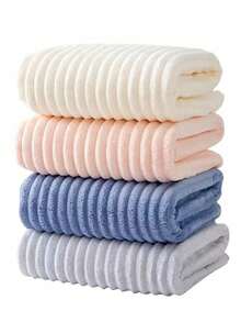 1pc Or 4pcs Set, Simple 3D Striped Coral Fleece Soft Absorbent Non-Shedding Towel, Supermarket Gift, Household Adult Couples Face/Hand Towel, 30*70cm Multi-Purpose Towel Or 52*100cm Large Towel Shower Towels For Beaty Salon, Hotel Sports,Home Essentials, Towel, Skin Care