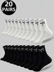 20 đôi tất dài đến bắp chân họa tiết nơ cổ điển dành cho cả nam và nữ, thoáng khí, thấm hút mồ hôi, tất thể thao mềm mại, thích hợp để mặc hàng ngày - Đen và trắng - Xem 1