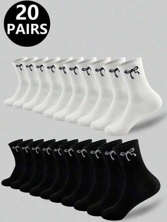 20 Pairs Unisex Classic Bowknot Pattern Breathable Moisture-Wicking Mid-Calf Socks, Soft Casual Sports Socks, Suitable For Daily Wear