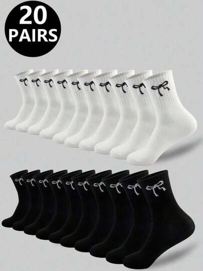 20 Pairs Unisex Classic Bowknot Pattern Breathable Moisture-Wicking Mid-Calf Socks, Soft Casual Sports Socks, Suitable For Daily Wear