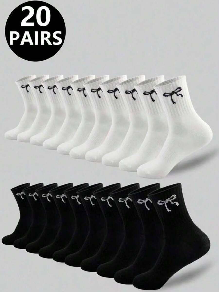 20 đôi tất dài đến bắp chân họa tiết nơ cổ điển dành cho cả nam và nữ, thoáng khí, thấm hút mồ hôi, tất thể thao mềm mại, thích hợp để mặc hàng ngày - Đen và trắng - Xem 1