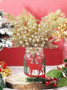 10 Pcs Christmas Decorations Set With Glitter Pine Branches & Berry Stems - For Xmas Tree Decor, Gift Wrapping, Party Home Decor, Ornament Crafting, Wreath Making, Holiday Festive Decorations (Gold/Silver/Champagne/Red) - Perfect Christmas Party Home Decor & Gift Supplies