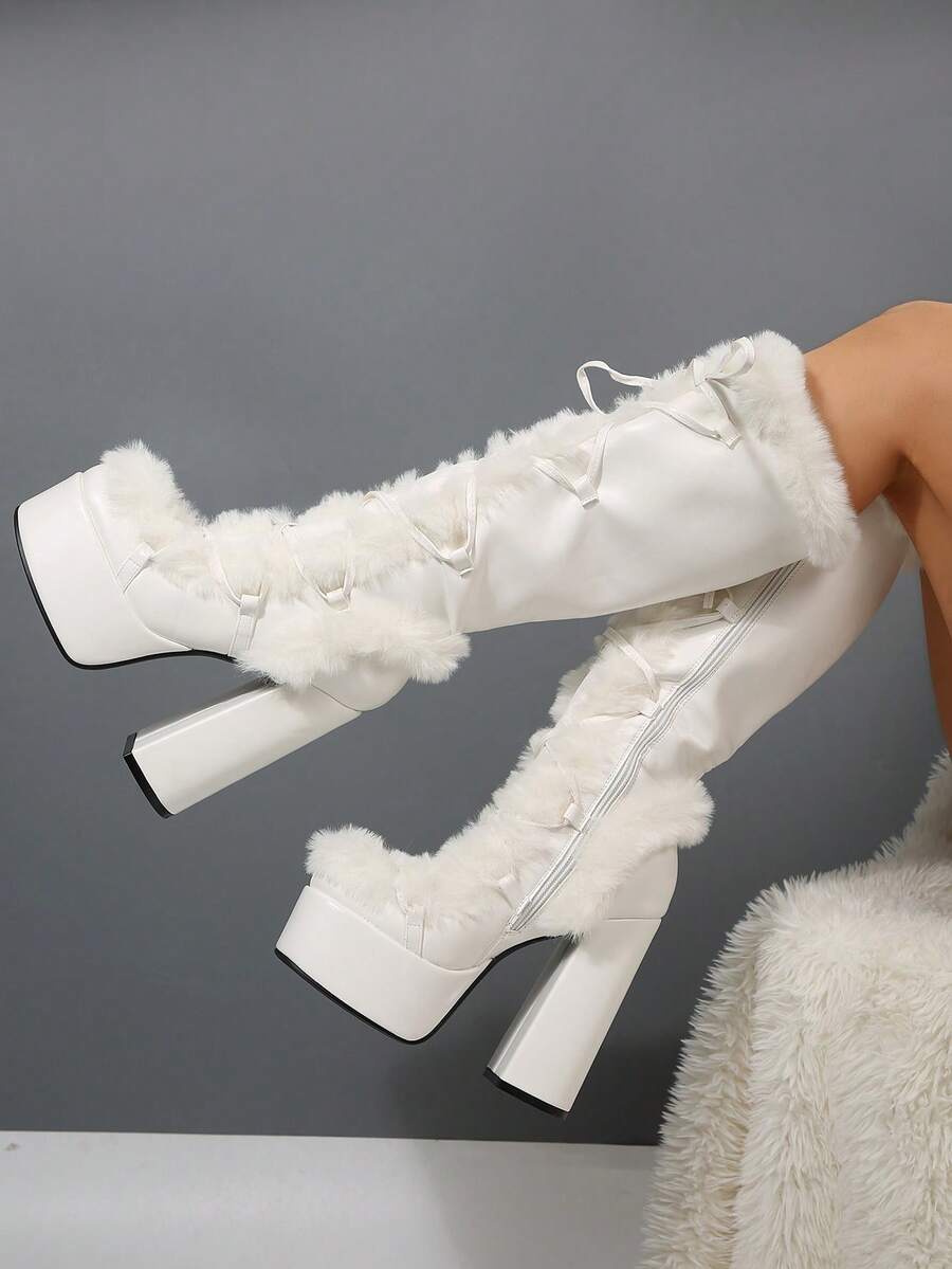 FVPFVP Botas de nieve inspiradas en la cultura Y2K del milenio, botas altas con cordones de cuero de PU y piel, tacón grueso, suela gruesa y estilo gótico