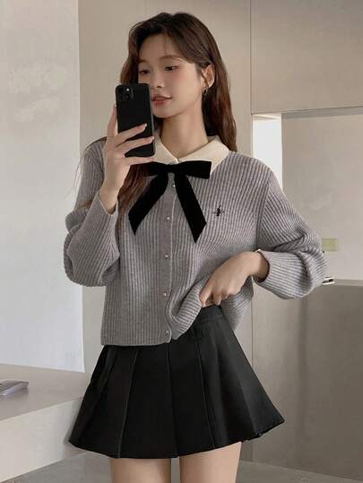 Fall/Winter College Style Color Contrast Bow Lapel Long Sleeve Embroidered Women's SweaterTops Cardigan Cardigan,Streetwear
