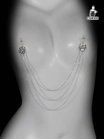 Cadena de pecho con borlas florales, cadena de metal de moda de varias capas con pinza para pezones para mujeres