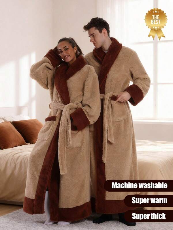 1 conjunto de roupão longo de pelúcia ultraquente com acabamento marrom contrastante - roupão de lã macia para casal, ideal para relaxar no quarto, relaxar após o banho, noites frias de inverno, noites de cinema, fins de semana preguiçosos e roupão de dormir grande e aconchegante para homens e mulheres