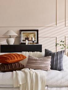 1pc Orange Textured Thick & Thin Stripe Rabbit Fur Decorative Throw Pillow Cover, Jacquard Rabbit Fur Front, Plush Fleece Reverse, Square Cushion Sham, Holiday Home Decor Pillow Case, Soft Velvet Fabric, Modern Decor For Sofa, Bedroom - Orange - View 9