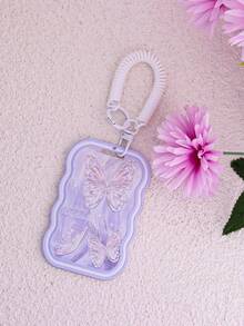 1pc Cute ID Card Holder With Spring Key Chain Creative Portable Badge Holder For School Student Office Worker Purple Butterfly Green Love Guka Keychain Bus Card Student Card Set License Holder Card Women