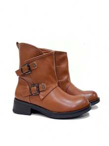 Bottines montantes style motard punk KESCA pour femme avec boucles, nouvelles bottines à talons bas pour l'automne et l'hiver, bottines  pour une tenue décontractée - Camel - Voir 4