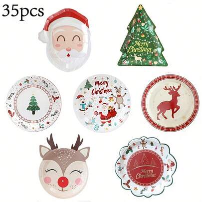 35pcs Christmas Party Disposable Paper Plates, Christmas Tree, Santa Claus, Reindeer Shaped Plates, Kitchen Disposable Supplies For Party, Birthday, Christmas Decoration