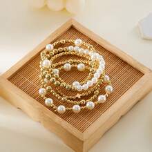 5pcs Women's Bohemian Golden Beaded Bracelet Set - Faux & Cross Charm Layered Jewelry, Stretchable Dainty Stackable Bracelets With Golden-Tone Beads & Cross Charms, Casual Attire & Valentine's Day Gifts For Teens & S, Year-Round 5Pcs Bracelet Set Gold Accessories Women - Vàng (Kiểu 1) - Xem 6