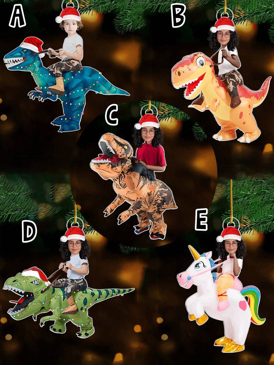Personalisierte Weihnachtsornament mit individuellem Gesicht auf Dinosaurier oder Einhorn, lustige Feiertags-Dekoration, einzigartiges Geschenk für Kinder, Familie und Freunde, personalisierte Name/Foto Ornament, Weihnachtsbaum Hängedekoration, Sammlerstück 2025, Feiertags-Dekoration