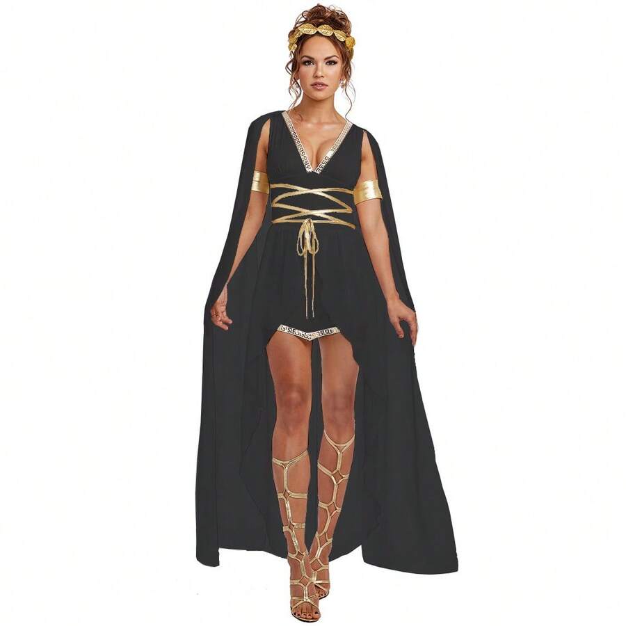 Halloween Ancient Civilization Costume Set - Roman/Greek Goddess & Cleopatra Outfits With Headdress, Waist Chain & Bracelet For Cosplay/Stage - 黑色 - 查看 1