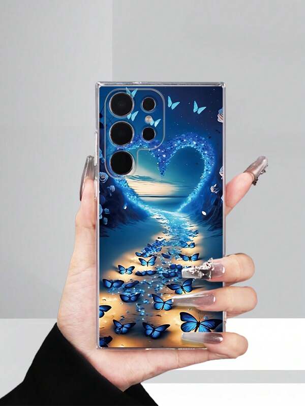غطاء هاتف ناعم شفاف مع رسمة فراشة زرقاء وقلب، متوافق مع Galaxy S24/S25/A23/A14/A3/A56/A54/A13/A32/A52/A34/A24/A05s/A55/A56/S20/S20 Ultra/S23/S23 Ultra