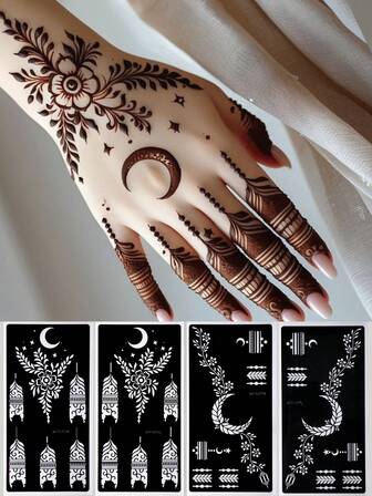 4 قطع قوالب وشم مؤقت قابل لإعادة الاستخدام بنمط الزهور، قوالب رسم فني على الجسم، قوالب وشم بالبريق، مناسبة للرسم على اليد والتصاميم المندلية