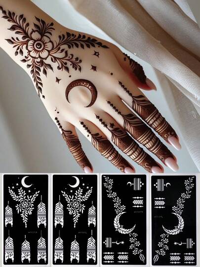 4pcs Reusable Flower Pattern Temporary Tattoo Templates, Body Art Painting Stencils, Glitter Tattoo Stencils, Suitable For Hand Body Painting And Mandala Designs