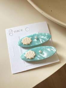 2pcs Women's Cute Wave Starfish Shell Hair Clips, Bangs Clips, Seagreen Shell Starfish Acetate High-End Hair Accessories