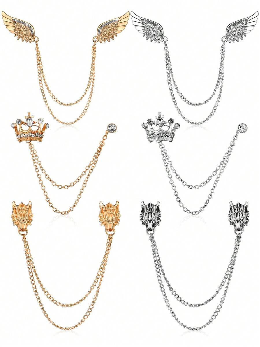 Xiacheng 流苏链胸针领针婚礼胸针领针翅膀狼头皇冠翻领西装衬衫燕尾服配饰适用于婚礼周年纪念万圣节生日派对办公室 - 彩色 - 查看 1