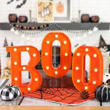 3 szt. dekoracyjnych świateł na Halloween, światełka w kształcie BOO, lampki LED z literami "BOO" na imprezę halloweenową, pomarańczowe lampki LED BOO na stół kuchenny, tło na drzwi na imprezę halloweenową, cukierek albo psikus, dekoracja do fotografii wewnątrz i na zewnątrz, dekoracje na Halloween, upominki na imprezę - Pomarańczowe dekoracyjne światła na Halloween - Zobacz 6