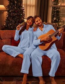 Couple Matching Pajamas 100% Cotton Long Sleeve Sleepwear Button Down Loungewear Pjs Set S-XXLhalloween - 淺藍色 - 查看 9