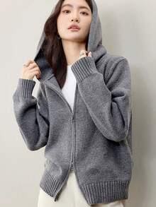 Plain Ribbed Zip-Up Casual Hooded Cardigan - Grey - View 7