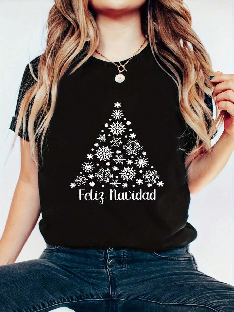 Camiseta unisex de algodón 100% Feliz Navidad española - Camisetas de manga corta impresas - Negro 2 - Ver 1