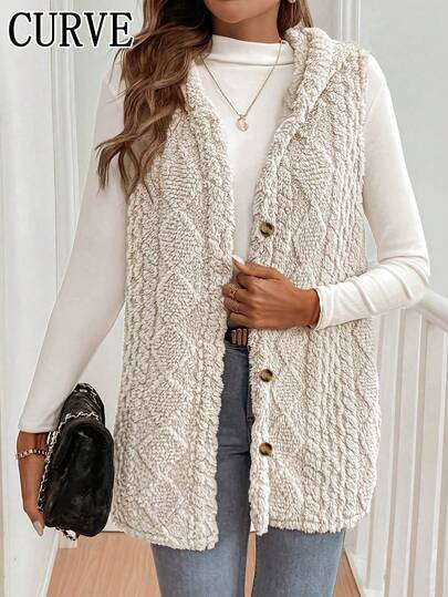 Plus 女士纯色连帽无袖背心外套（秋冬款）