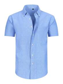 Men's Short Sleeve Casual Shirt In Solid Color Oxford Spun, Suitable For Summer,Wrinkle Resistant Office Work Shirt For Men - Baby Blue - View 4