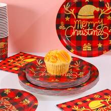 圣诞驯鹿圣诞帽圣诞快乐一次性盘子、餐巾、杯子、派对用品，可供 30 位客人使用，一次性纸盘适合生日、婚礼、派对、家庭野餐 - 彩色 - 查看 4