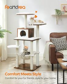 Feandrea WoodyWonders Cat Tree, Modern Cat Tower For Indoor Cats, 54.3-Inch Multi-Level Cat Condo, Ultra-Soft Plush, Scratching Posts, Hammock, Removable, Washable Cushions, Rustic Brown - Brown - View 1