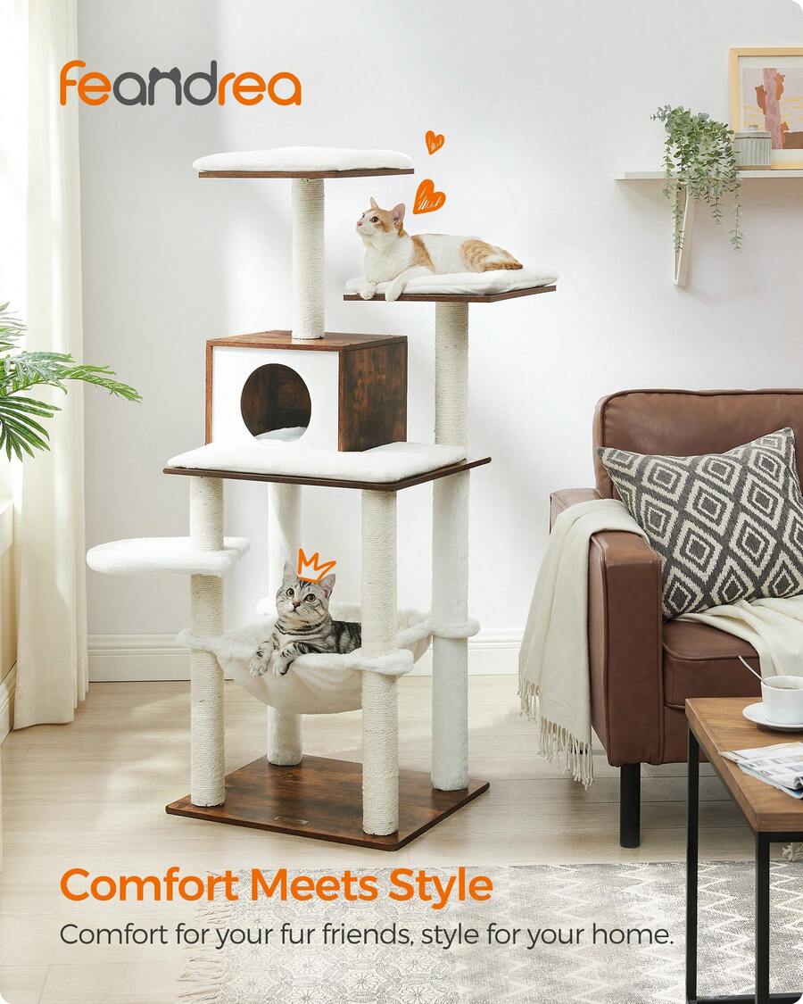 Feandrea WoodyWonders Cat Tree, Modern Cat Tower For Indoor Cats, 54.3-Inch Multi-Level Cat Condo, Ultra-Soft Plush, Scratching Posts, Hammock, Removable, Washable Cushions, Rustic Brown - Brown - View 1