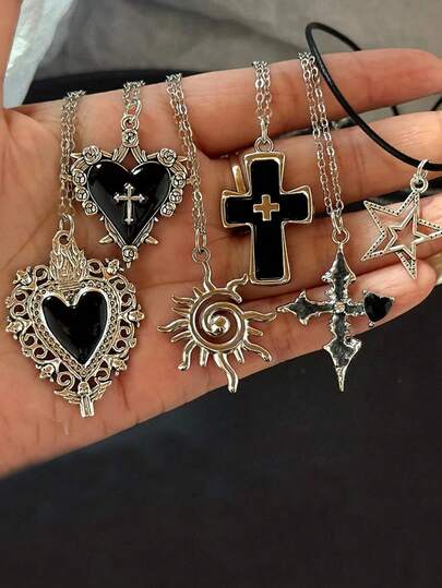 1pc/5pcs Vintage Punk, Gothic, Harajuku, Dark Rock Heart Cross Swirl Sun Pendant Necklace, Suitable For Women, Halloween Gift, Daily Wear, Party Gift