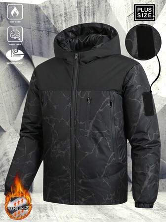 加大码男士户外休闲运动时尚拼布印花夹克，多口袋，加厚连帽毛绒内衬保暖棉服，适合秋季/加大码