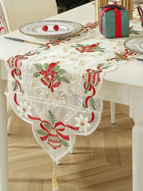 1pc Polyester Mesh Fabric Christmas Table Runner With Chain Embroidery, Christmas Flowers, Candles, Bells And Other Christmas Elements, European Style, Suitable For Kitchen, Dining Table, Desk, Coffee Table, Cabinet, Home Decor, Indoor & Outdoor, Party, Wedding Decorations, Multiple Sizes Available
