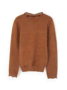 Pull tricoté pour femme, col rond, patchwork en dentelle moelleux de couleur unie, manches longues élégantes et décontractées, idéal pour les saisons de printemps et d'automne - Couleur café - Voir 6