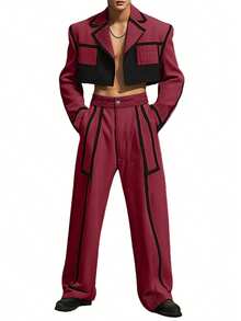 INCERUN Fashion Men's Long Sleve Colorblock Blazer Coat Cropped Jacket Wide-Leg Pants Trousers Party Set Two-Piece Outfit - rượu vang đỏ - Xem 3