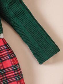 Conjunto de Festa com 2 Peças: Cardigã Cropped Tricotado com Nervuras para Menina, Vestido Regata com Babado Xadrez