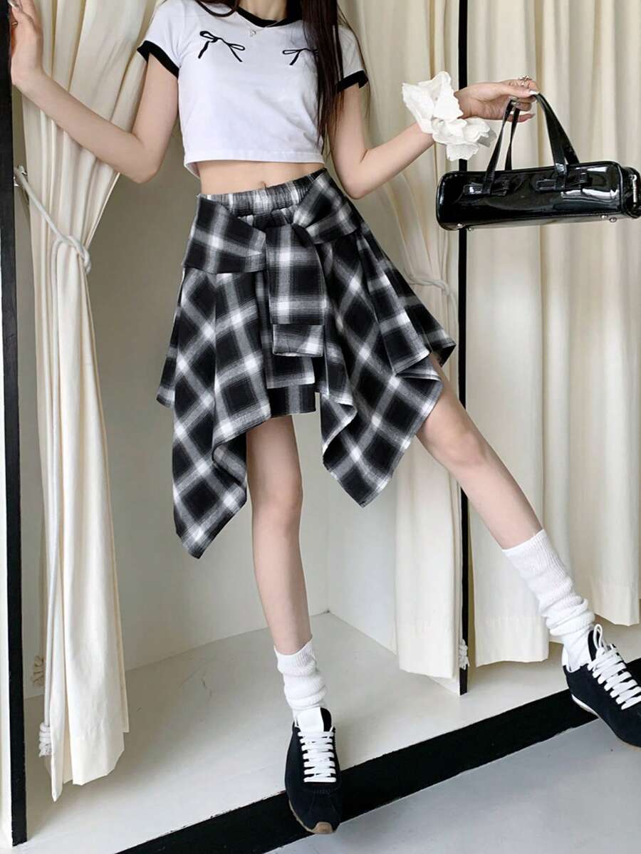 女式格子休闲可爱打结迷你裙，街头风格少女下装，夏季 - 黑色 - 查看 1