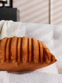 1pc Orange Textured Thick & Thin Stripe Rabbit Fur Decorative Throw Pillow Cover, Jacquard Rabbit Fur Front, Plush Fleece Reverse, Square Cushion Sham, Holiday Home Decor Pillow Case, Soft Velvet Fabric, Modern Decor For Sofa, Bedroom - Orange - View 7