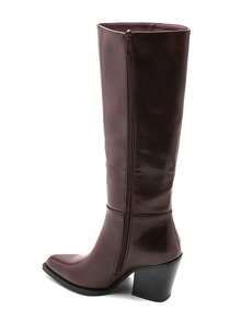 Western Style Tall Boots, Made Of Smooth Synthetic Leather, Pointed Toe Design, Chunky High Heel - Burgundy - View 4
