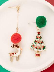 1 pereche de cercei asimetrici din aliaj de zinc glazurat cu ren și brad de Crăciun, roșii și verzi, potriviți pentru femei, pentru a fi purtați în timpul Crăciunului