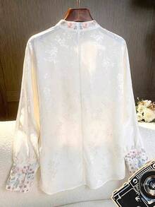LUCIDVUE 1pc New Chinese Style Women's Shirt, Autumn Chinese Retro Mandarin Collar, Embroidery, Satin, Pearl Button, Long Sleeve Top, Lightweight Improved Hanfu Blouse - White - View 3