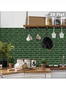 1/10/30pcs Green Brick Pattern Imitation Tile Self-Adhesive Wall Stickers, Peel And Stick Wall Tile, Waterproof Wallpaper For Living Room Kitchen Backsplash Bathroom Home,Zellige Style - Green - View 2